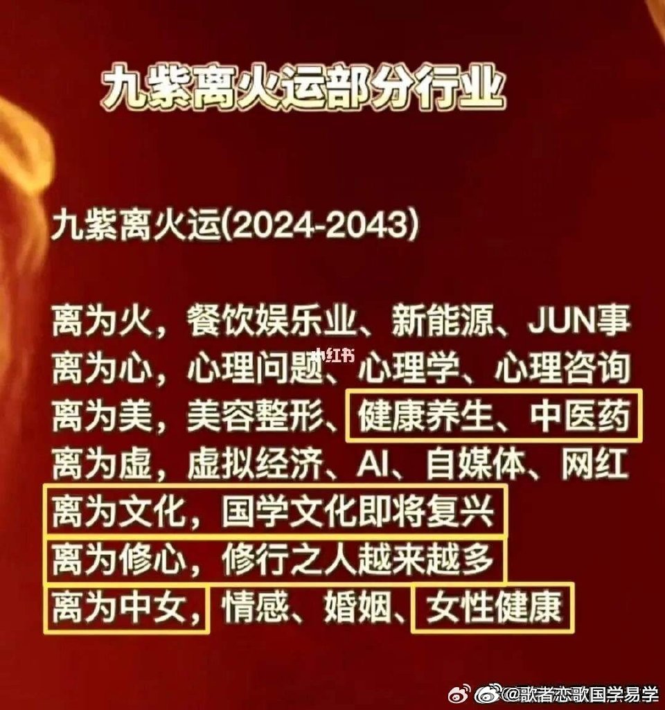 离火运，印星之人迎来新机遇。九紫离火五行属火，火为印星。代表知识、思想、输出、I