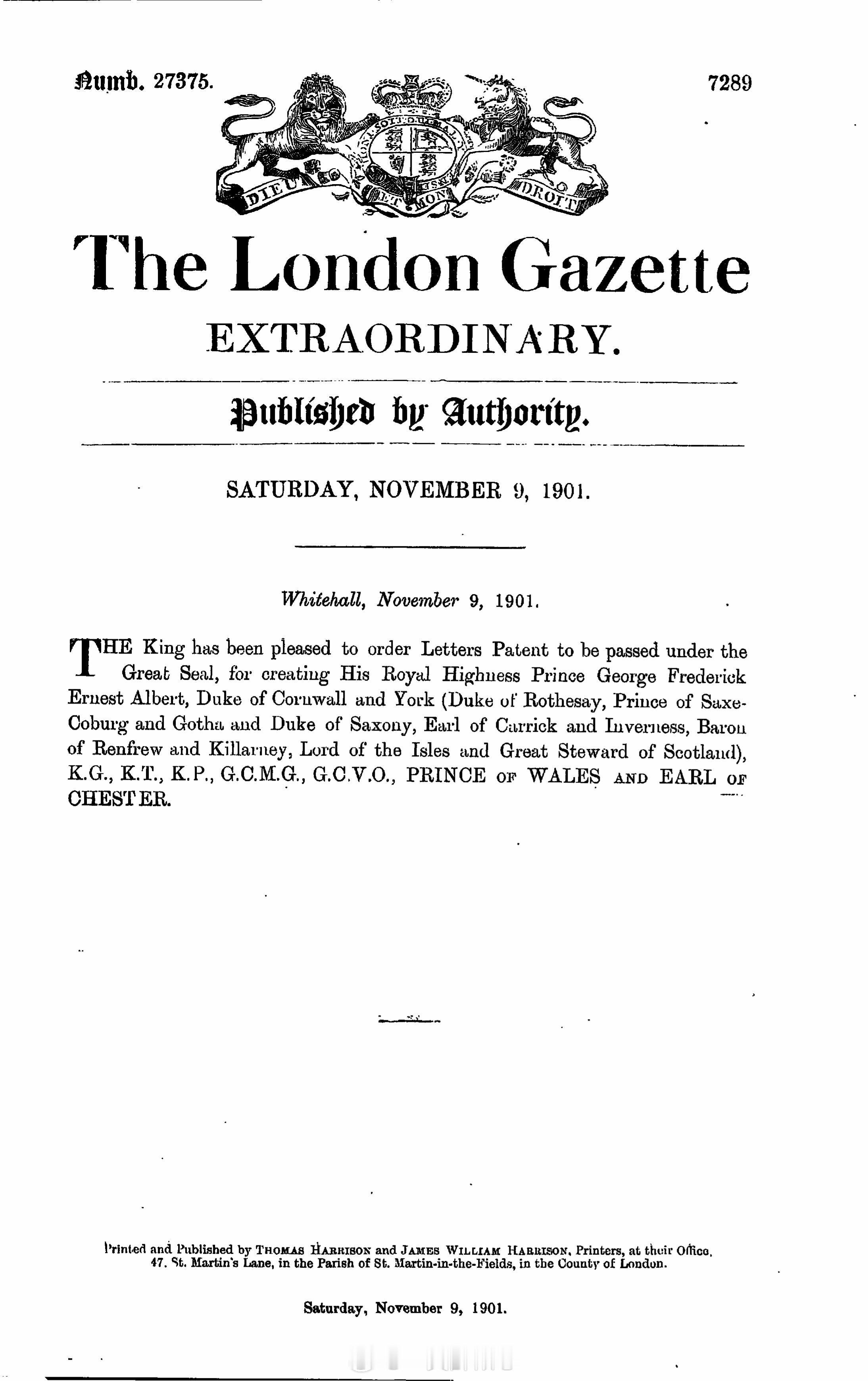 英国王室1901年11月9日，爱德华七世国王通过国玺批准他的儿子康沃尔和约克