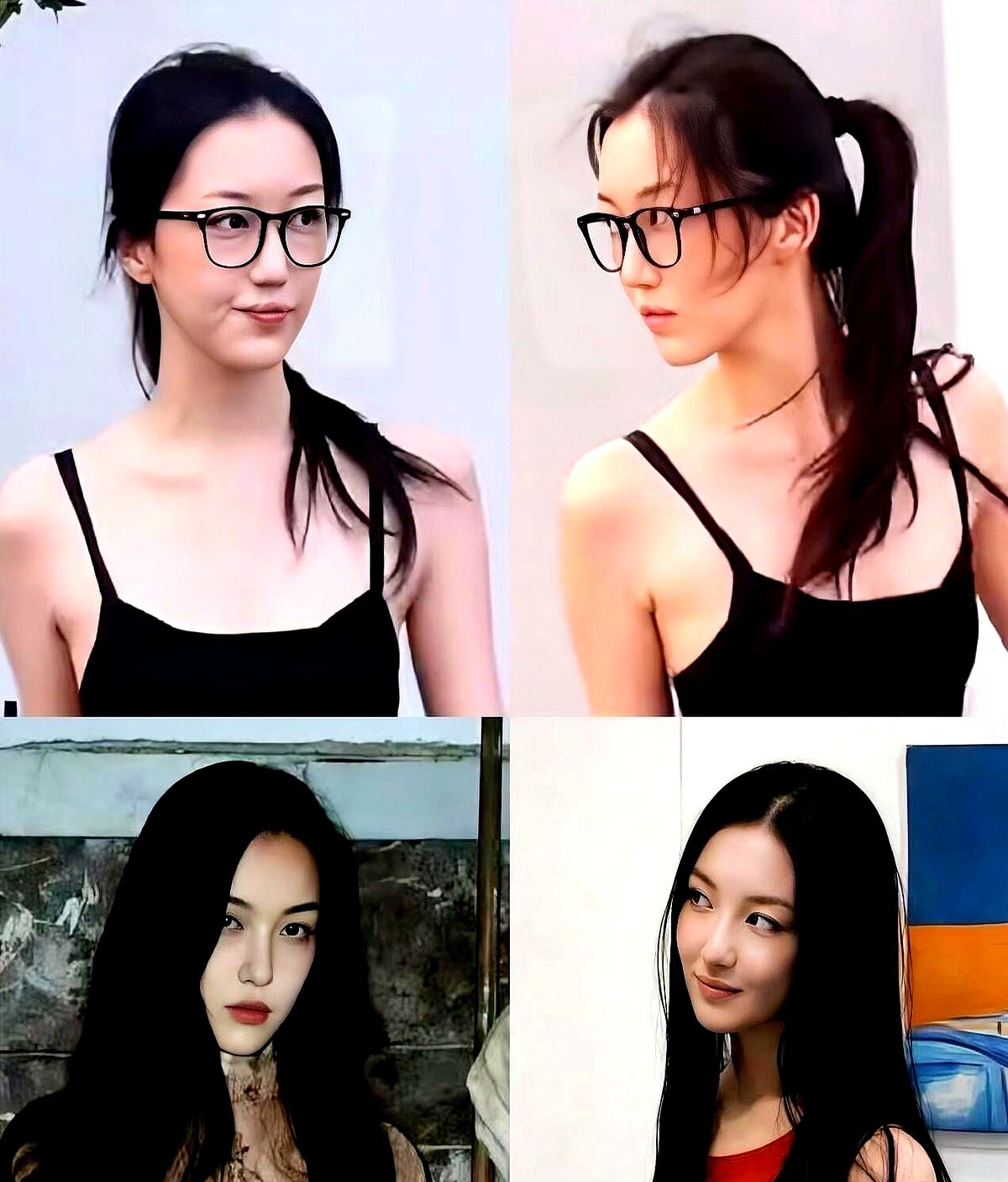 镜头扫过去，当红女星宋妍霏和窦靖童站在一起，却被旁边一个素面朝天的女孩抢了风头。她套着件黑色小吊带，