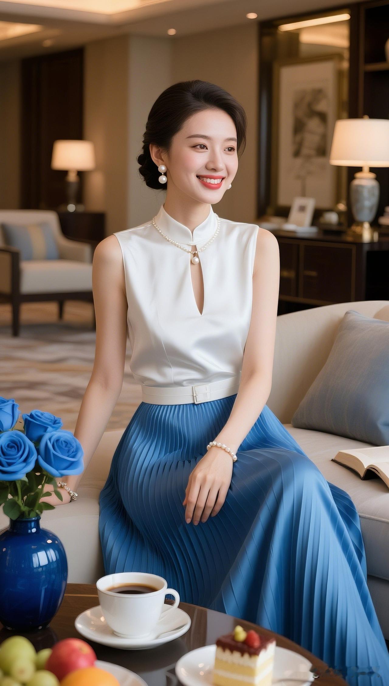 蓝裙美人坐，白衣笑语声。如何“优雅地”喝茶优雅下午茶时光，蓝白相间，尽显精致生