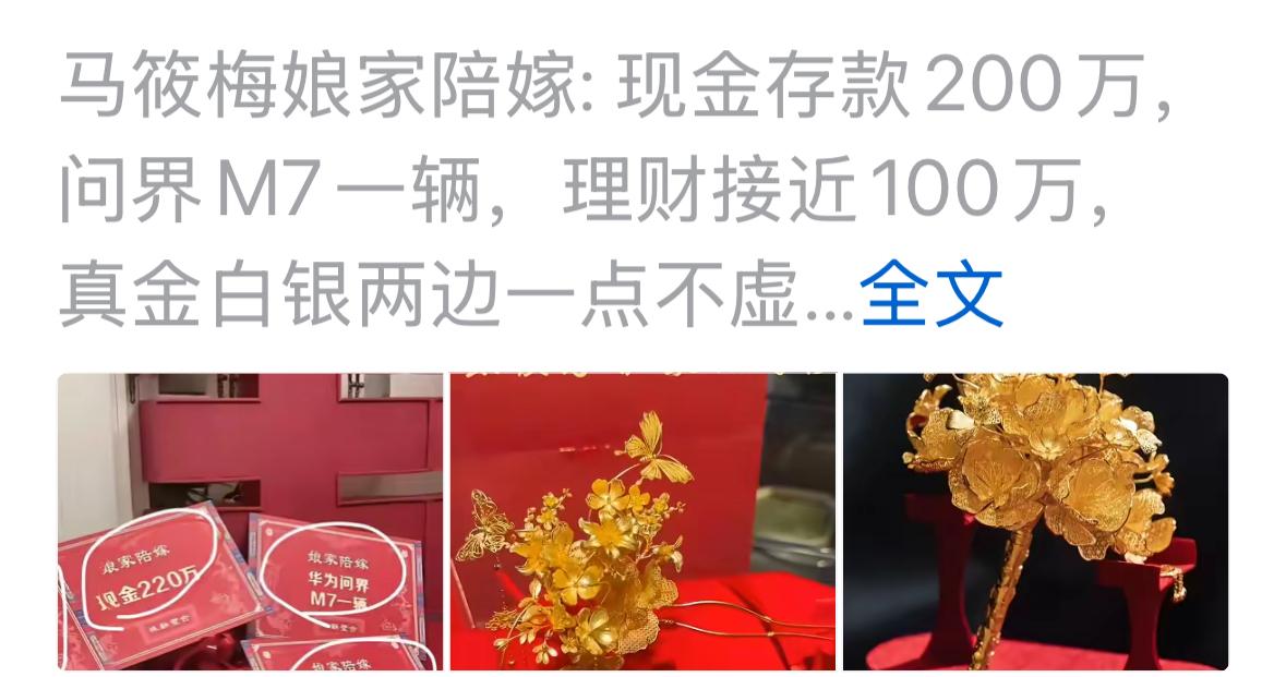 厉害了，小菲赚大了，看看小梅的嫁妆，都是真金白银的呢？看看真的是太豪气了。她的爸