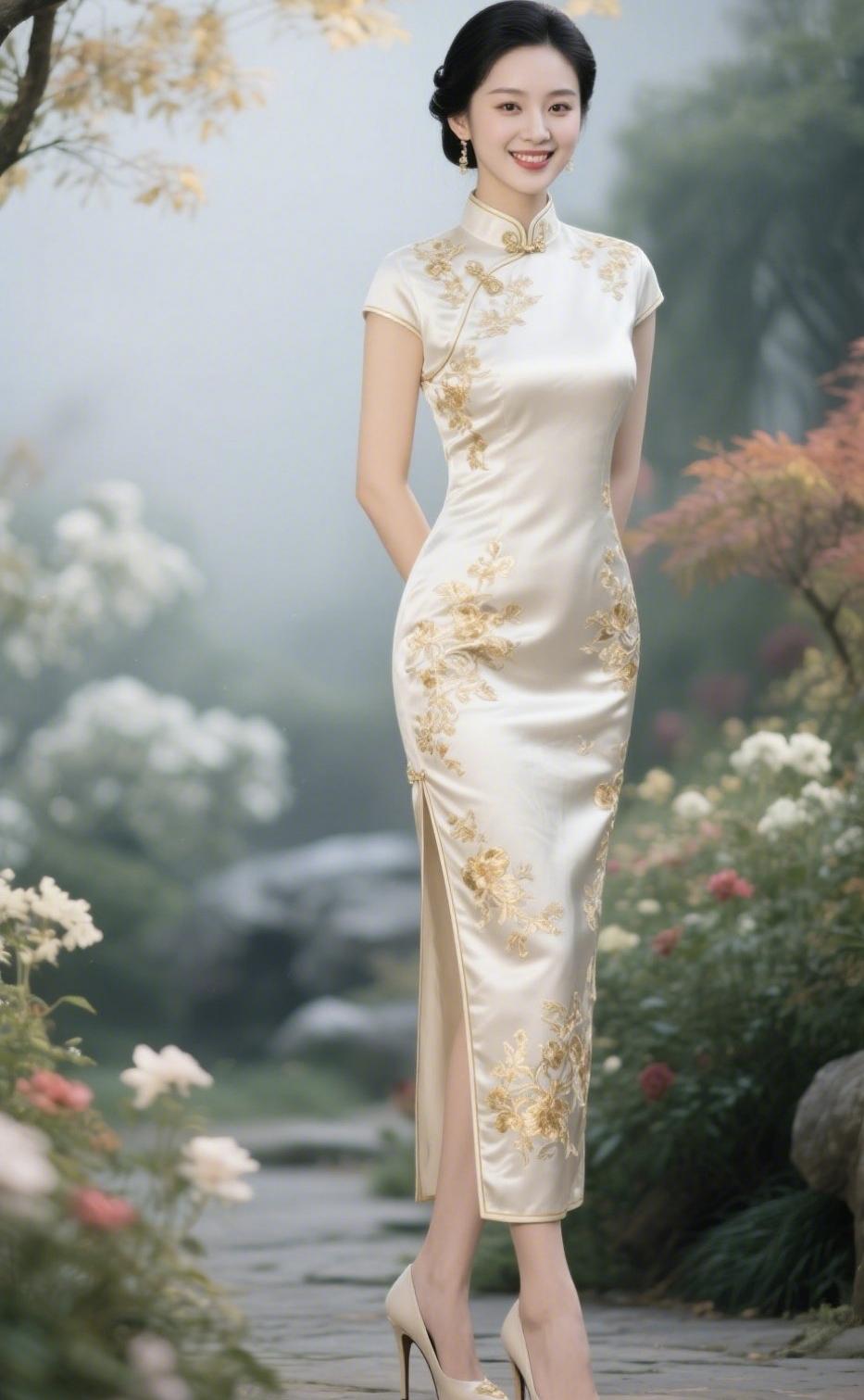 《当旗袍遇上高跟鞋》盘扣锁住一襟江南的风月白滚边绣着未说尽的春裁一寸