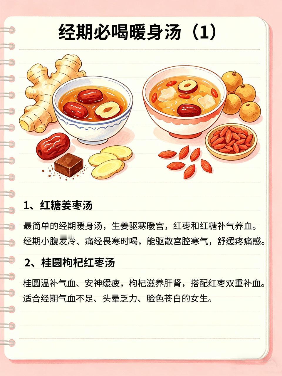 经期必喝暖身汤，驱寒又补气血很多女生经期容易手脚冰凉、小腹坠胀、气血亏虚，脸色