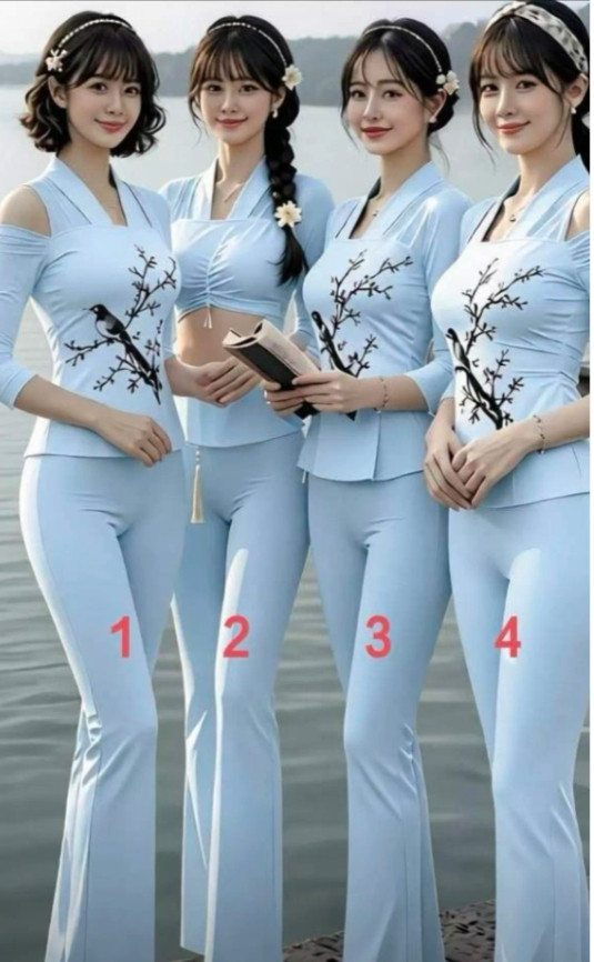 画面里四位女生长得特别相像，穿着同款浅蓝色套装站在水边，看着就像是真人，可里面藏了一位机器人。我反反