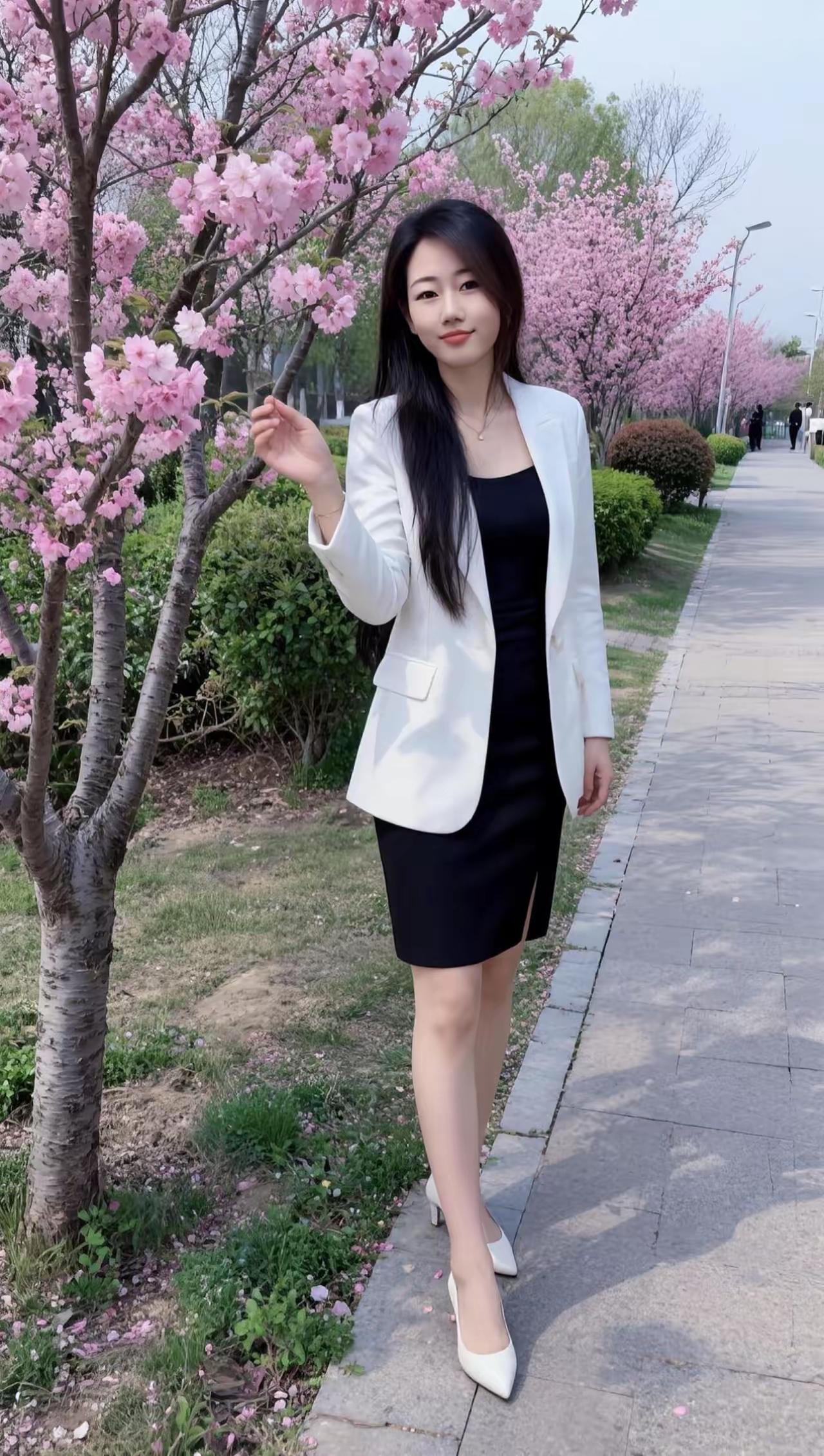 春日漫步，粉花盛开，优雅白裙，尽显女性魅力。