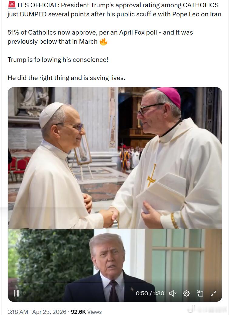 根据一项4月的福克斯民调，在特朗普总统就伊朗问题与教皇利奥公开“争执”之后，他在