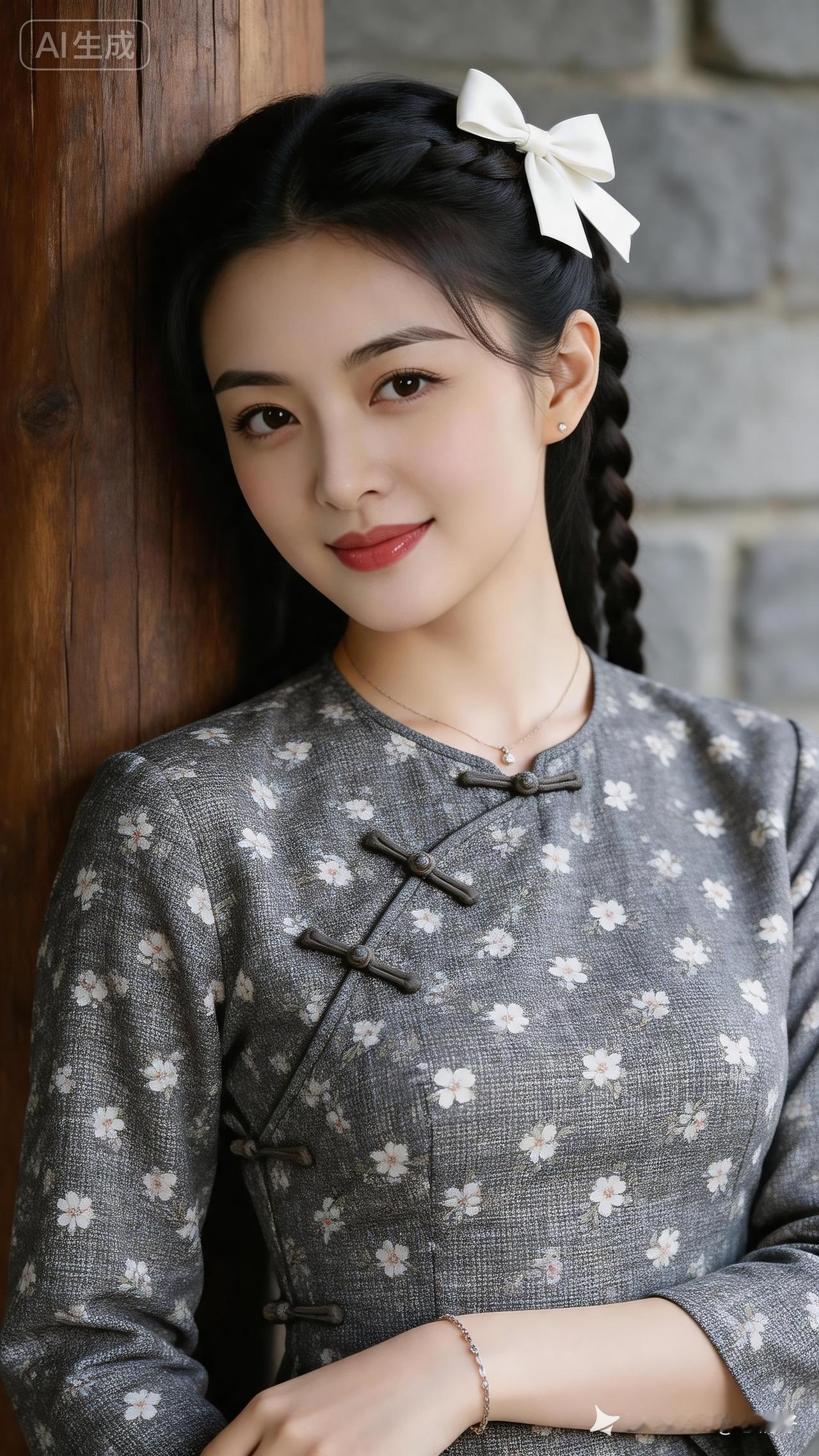 优雅古风少女，黑发编辫，花衣飘逸，恬静如画。