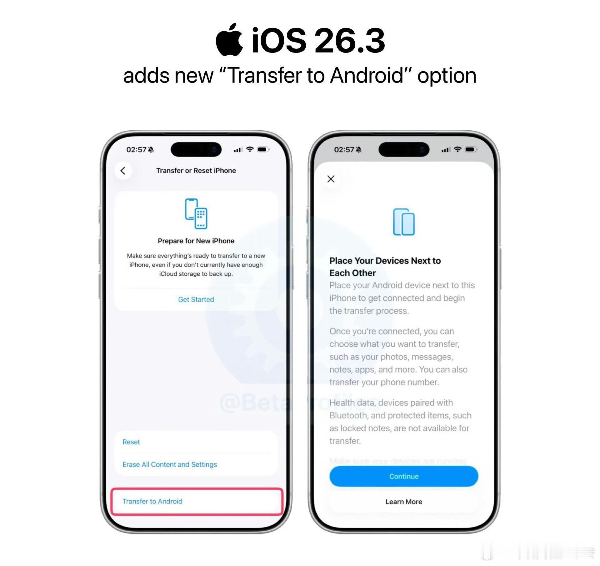 苹果安卓实现互通这波更新有点“大”啊iOS26.3Beta版新增了“传输至安