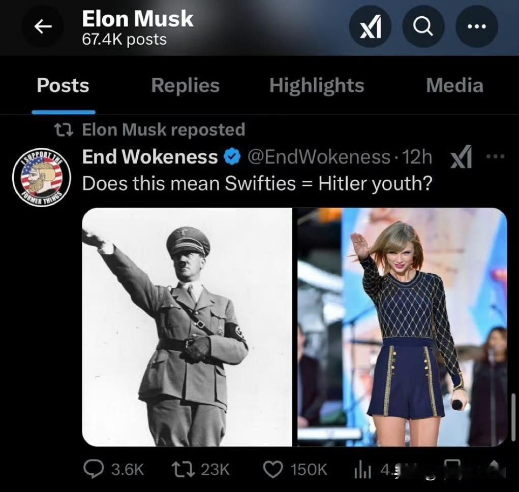 马斯克在社交平台点赞了一条关于霉霉TaylorSwift的帖子…[无奈吐舌][裂