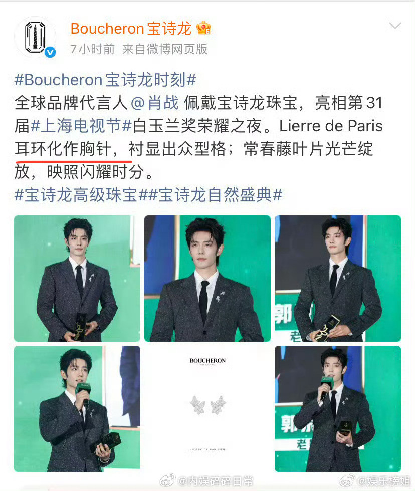 肖战肖战把耳环当胸针太会了，毕竟以前是设计师哈感觉这样搭配更好看了！