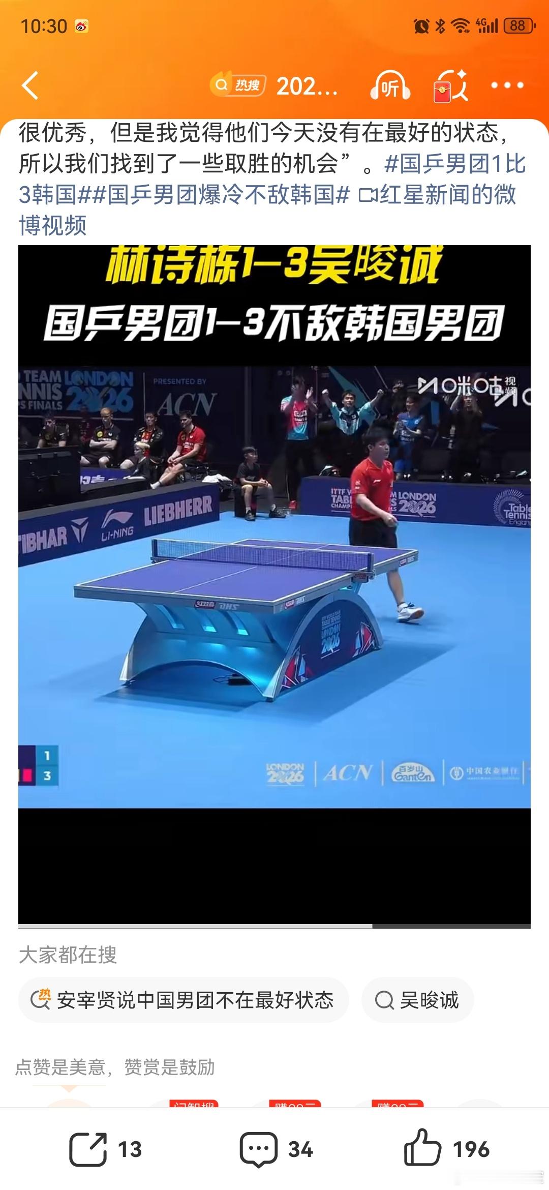 韩国选手回应战胜国乒男团北京时间凌晨，中国男队迎来了第58届世乒赛团体赛小组A阶