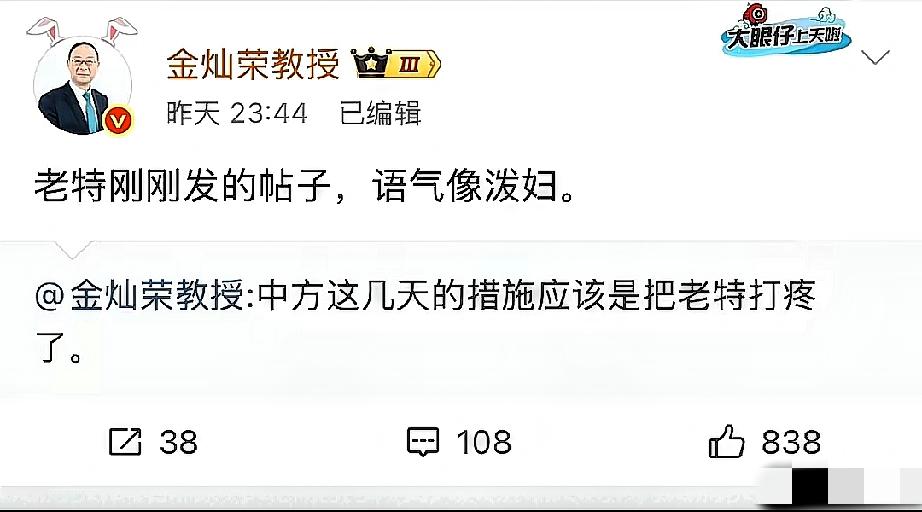 金灿荣教授这波点评，真是又犀利又接地气！一句“像泼妇”，把老头那篇几百字长文的精