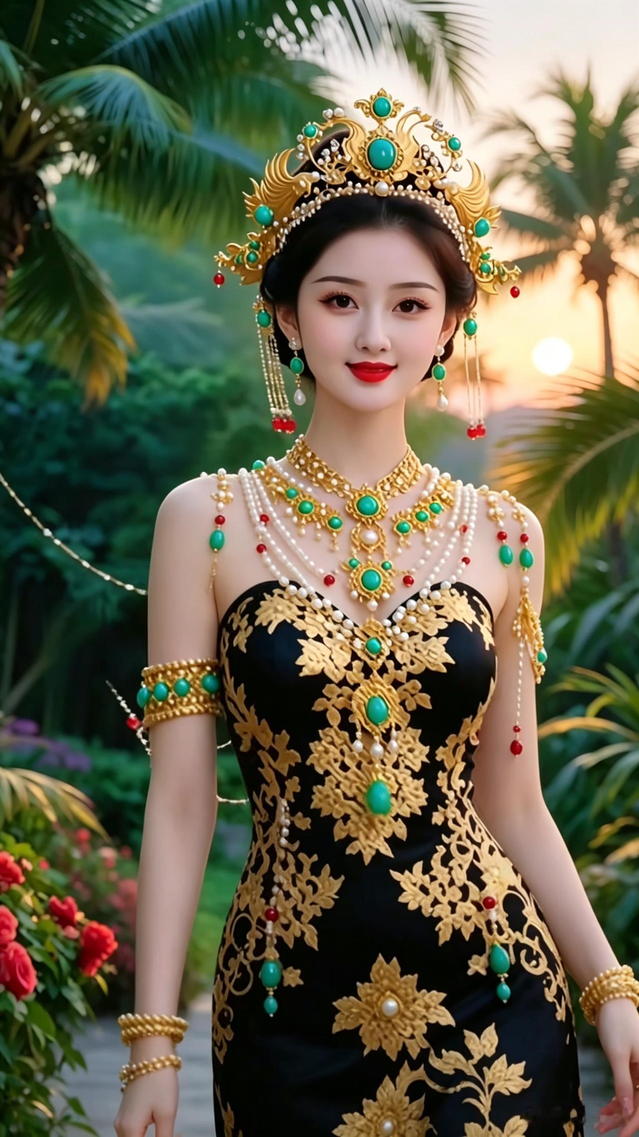 华饰佳人宝冠耀彩嵌珠珍，玉坠流光绕体身。锦袂金纹彰贵气，碧妆层叠映佳人。翠