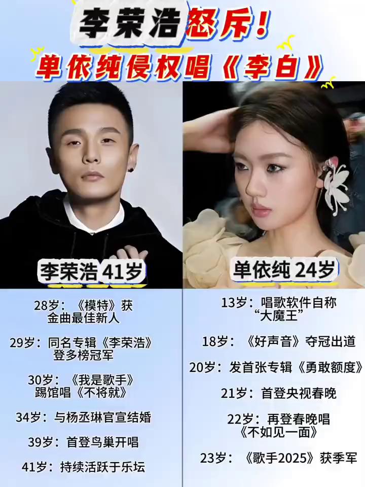 李荣浩怒斥单依纯侵权唱《李白》。单依纯团队申请翻唱授权被李荣浩放玩具，但仍于三