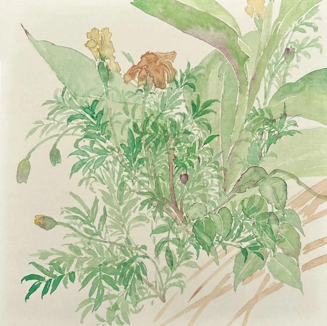 他的作品有传统的国画，也有新的构图装饰元素，把鸟兽鱼虫的生动传神体现出来，颜色运