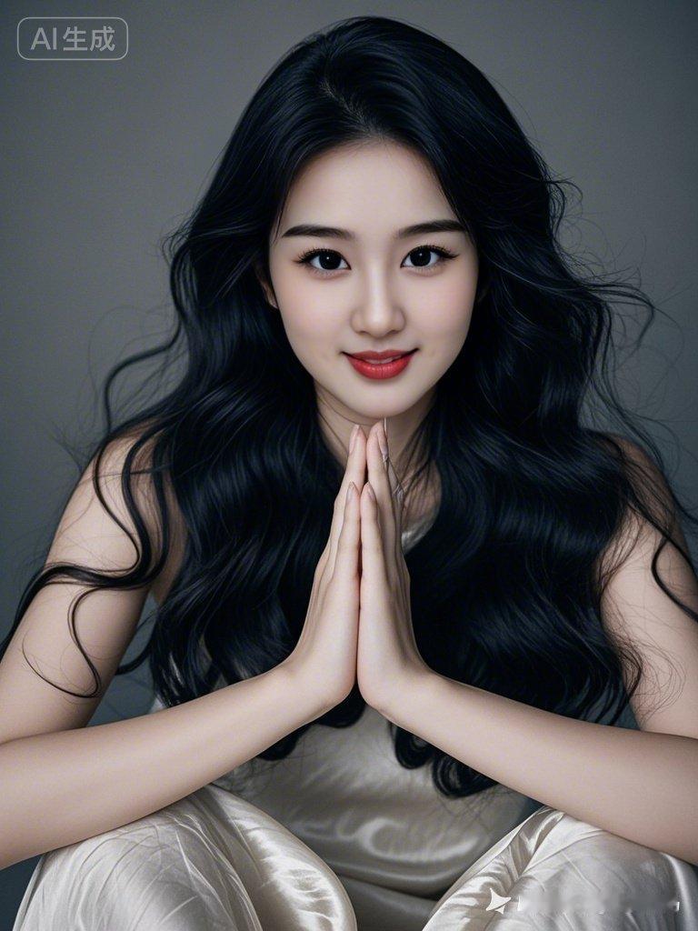 温柔甜美的少女，双手合十，微笑动人。