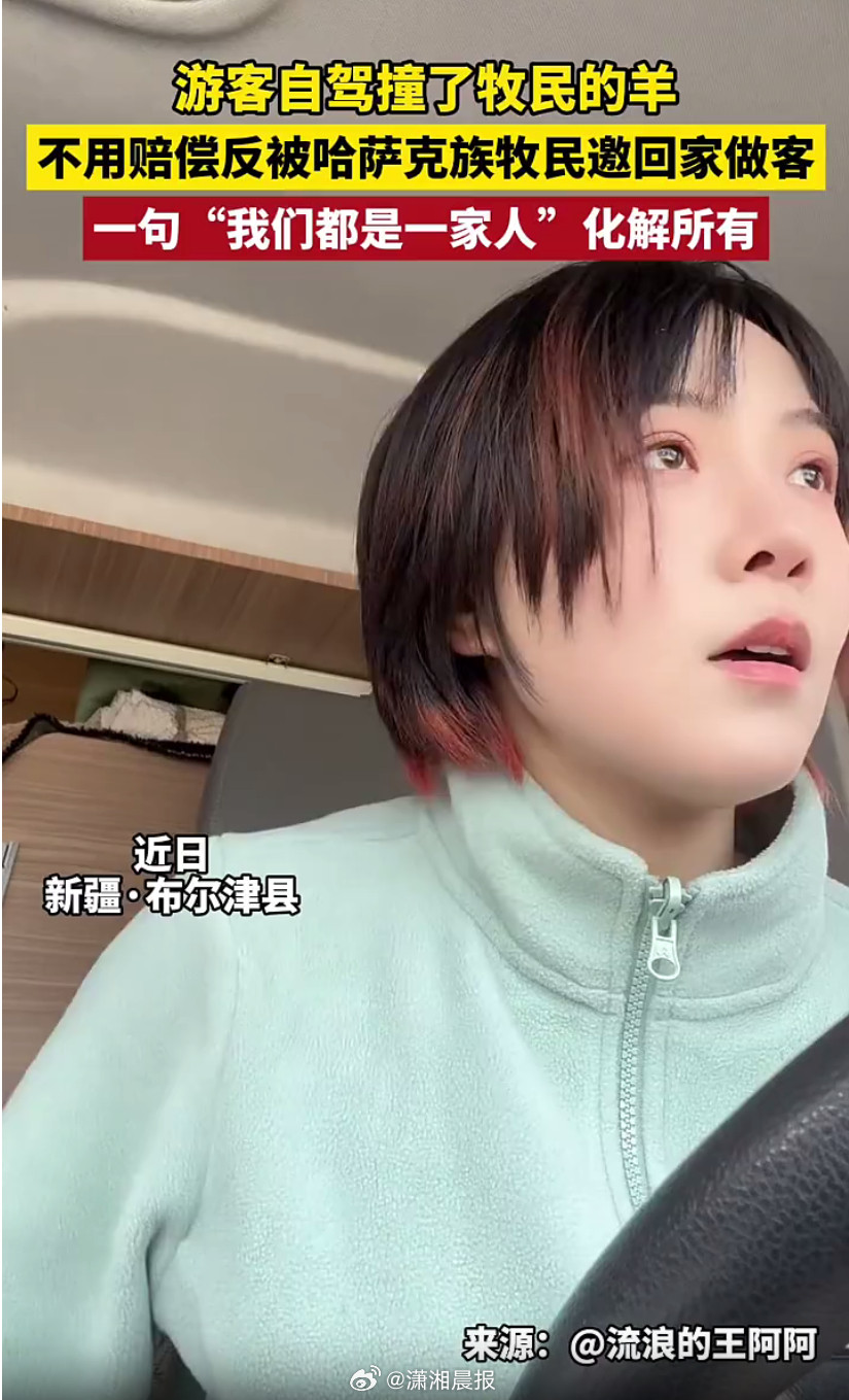【女子不慎#撞羊被邀请吃羊肉为何击中我们的心#】近日，在新疆布尔津县，游客自驾撞