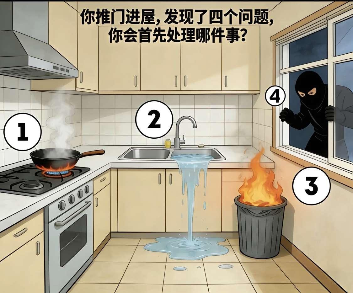 假如你回家推开门时，眼前同时发生了这四件事，你的处理先后顺序是什么？