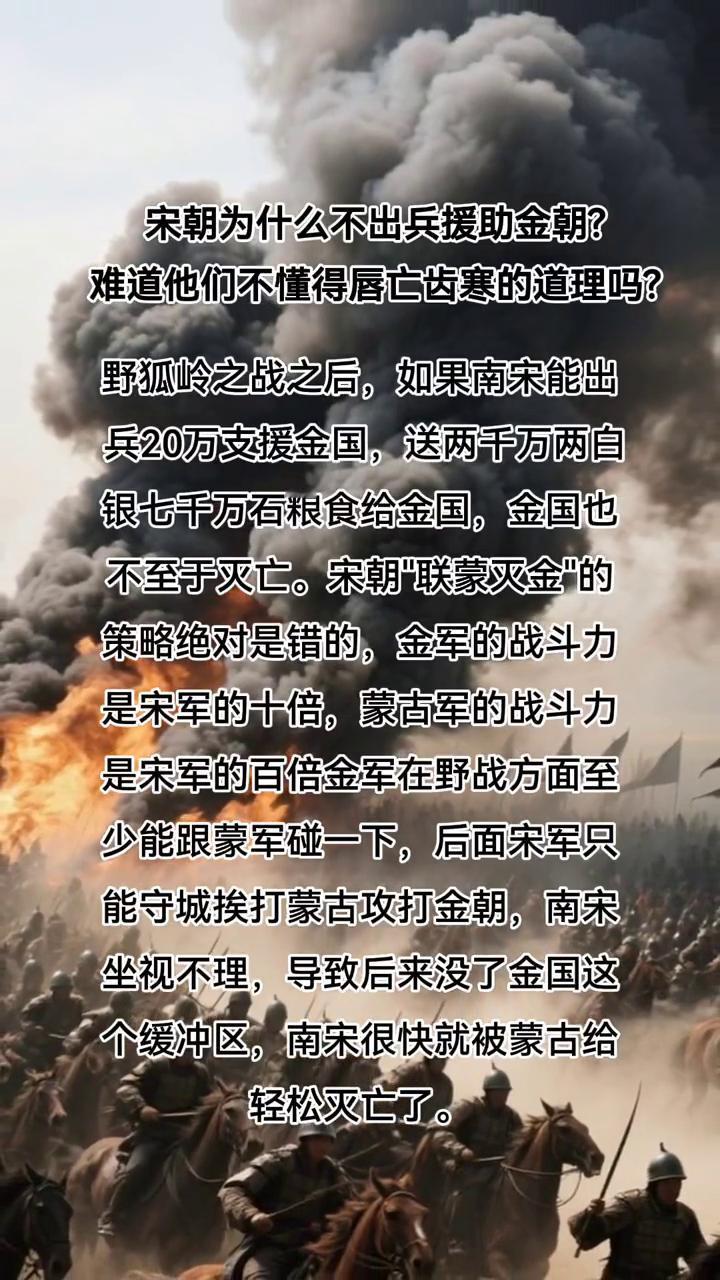 宋朝为什么不出兵援助金朝？难道他们不懂得唇亡齿寒的道理吗？野狐岭之战之后，如果