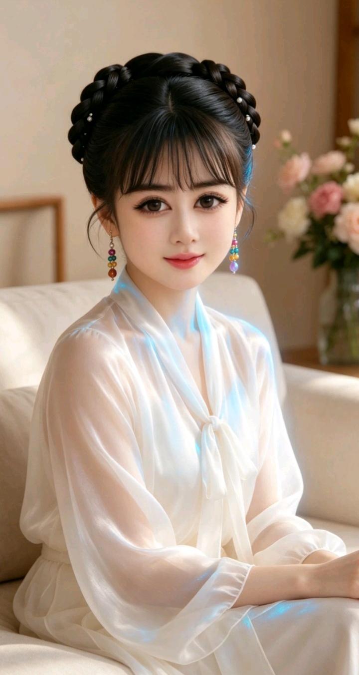 这姑娘穿着汉服，坐在沙发上。人品决定成败，你认同吗？清雅汉服写真汉服美女穿搭