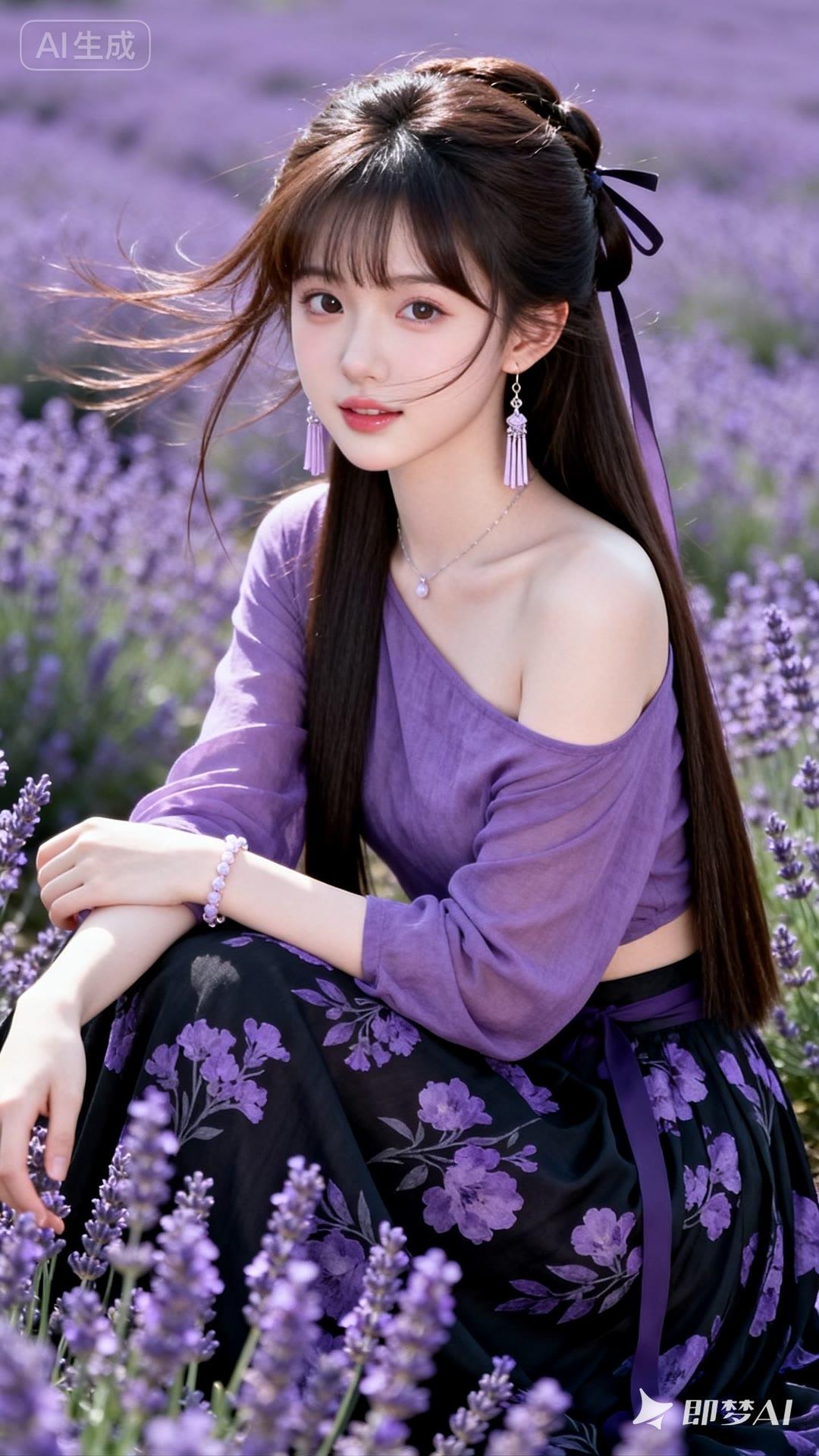 紫衣少女坐花丛，风起发丝舞翩翩。