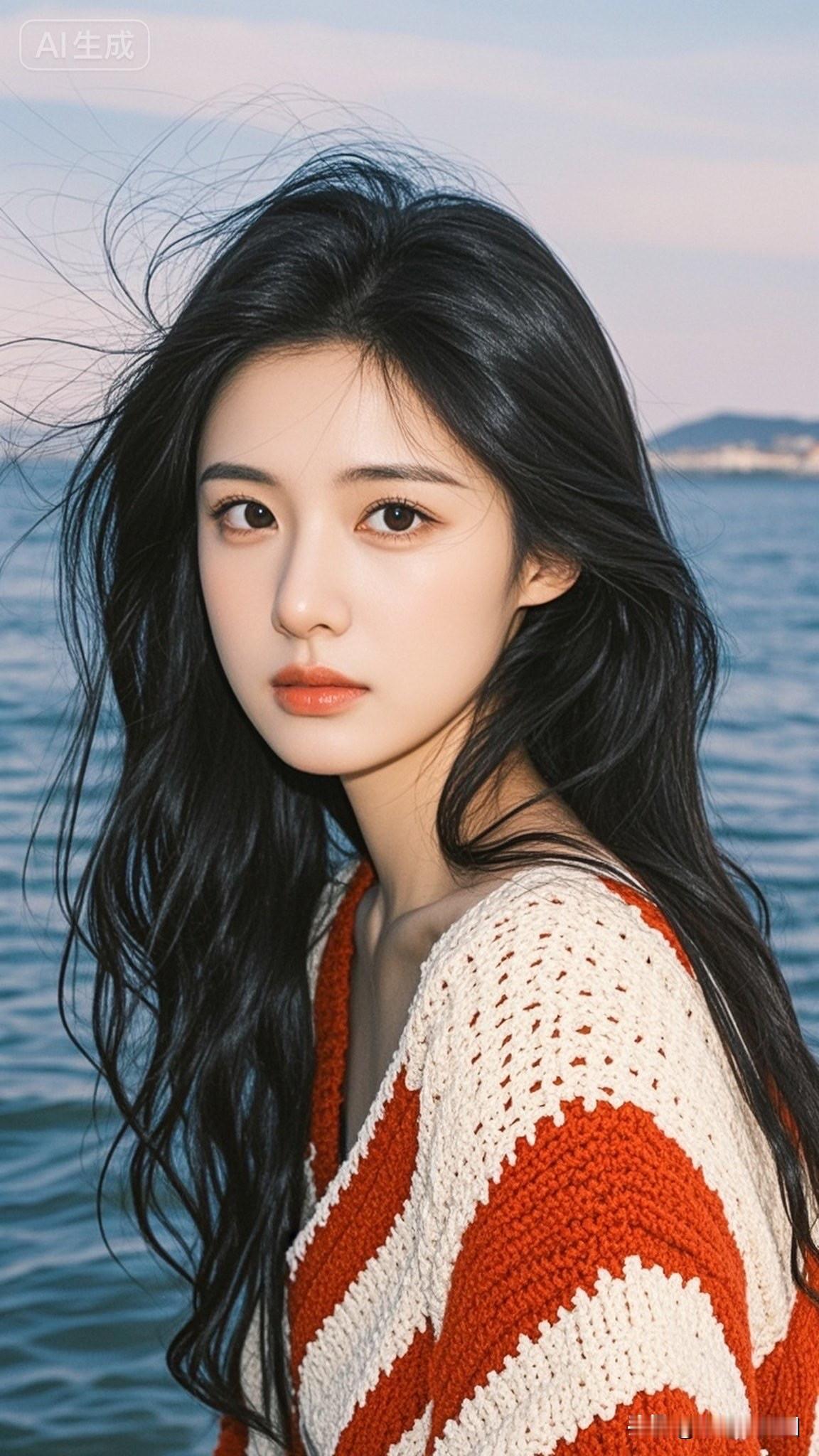 海边少女，温柔的海风轻拂发梢，红白相间的毛衣温暖如春。