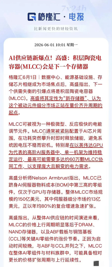 MLCC赛道简评高盛近期指出，AI服务器用MLCC或成AI供应链新爆点，被定性为