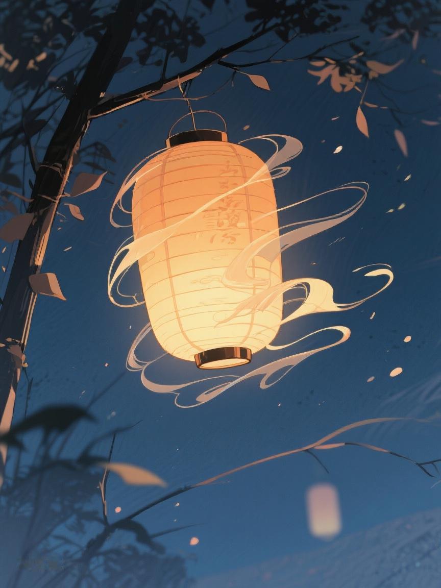 AI妙生图夜空中，一盏灯笼摇曳，飘带舞动，如思绪般流转，在静谧中探寻生命微光✨