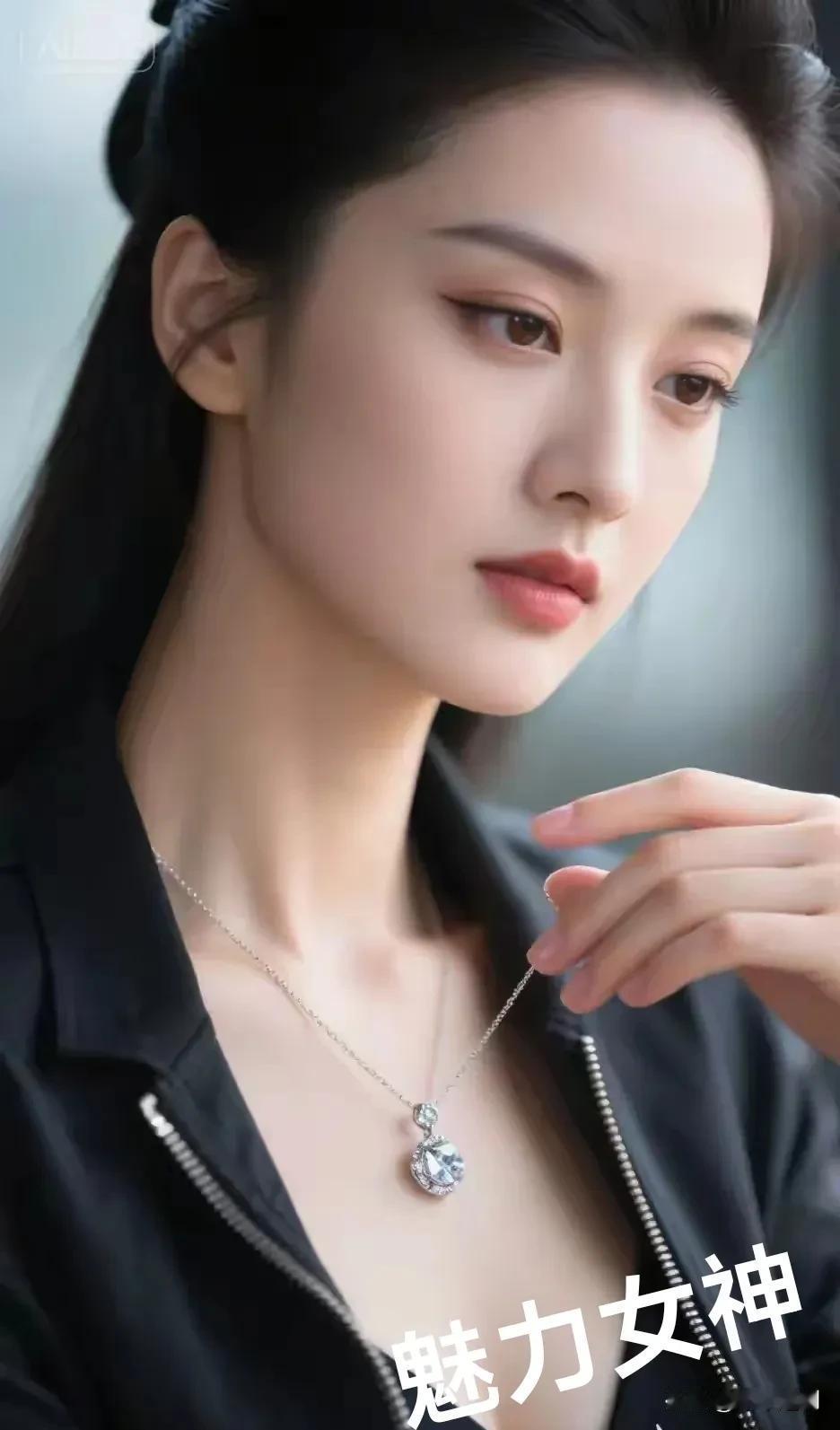 黑衫衬着颈间的光，指尖轻碰链身，冷冽里揉着柔，是自带锋芒的舒展。黑裙感美女