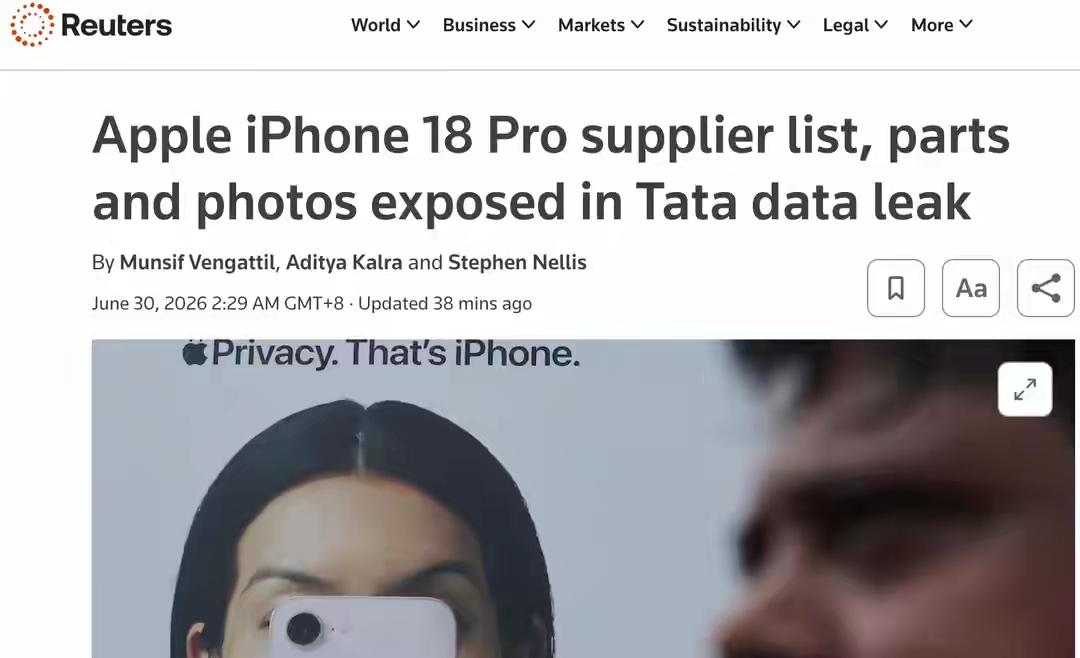苹果懵了！iPhone18核心数据印度泄露！根据媒体6月30号报道，苹果公司还没