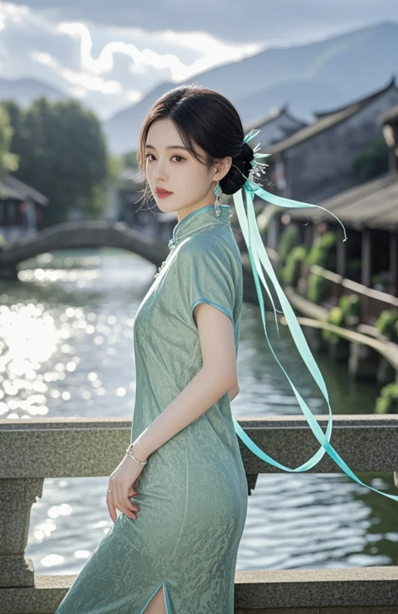 旗袍勾勒出她的曲线，而江南，温柔了她的回眸