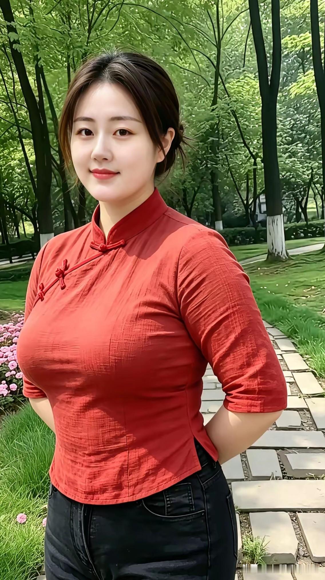 一剪梅·林间倩影翠树层层覆浅廊，红衬罗裳，风拂新光。佳人静立绿荫旁，眉眼