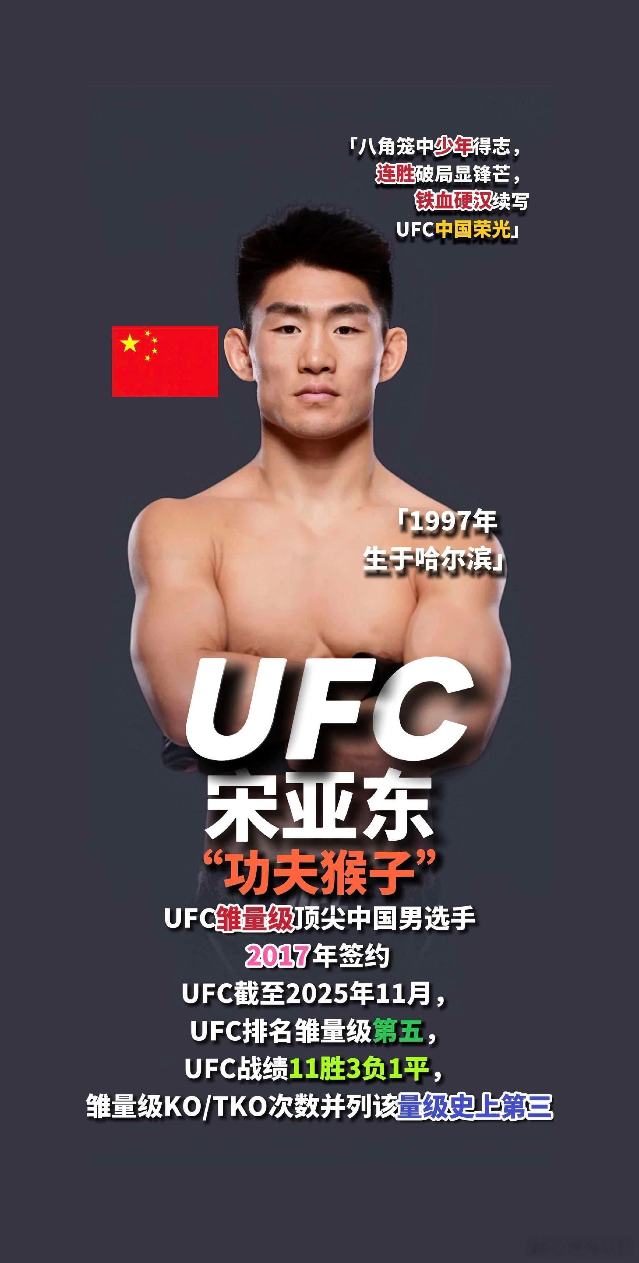 宋亚东身披五星红旗庆祝宋亚东剑指中国首位男子UFC冠军挑战权赛前胜率仅有12%，