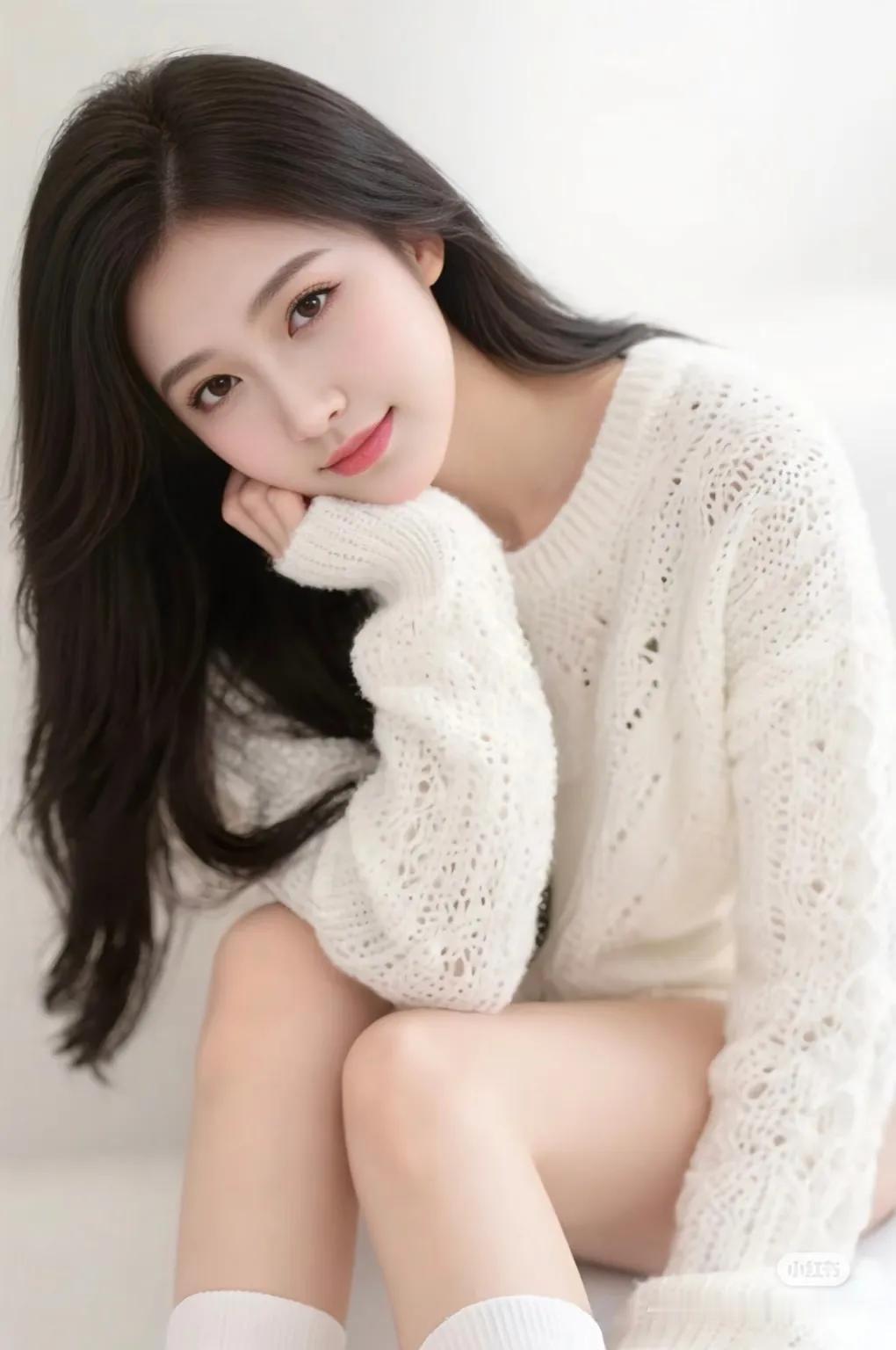 温柔甜美的少女，白色毛衣搭配，清新自然。街拍高清美女