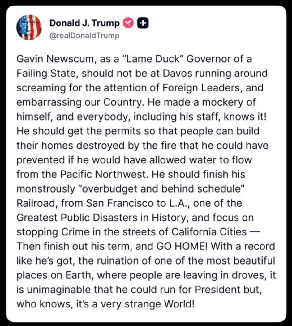 唐纳德．J．特朗普加文．纽斯库姆作为一名"跛脚鸭"州长，掌管着一个行将崩溃的州，