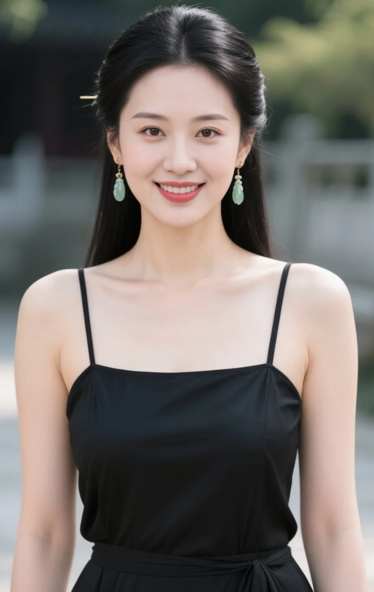 黑发如瀑，古装佳人静立户外