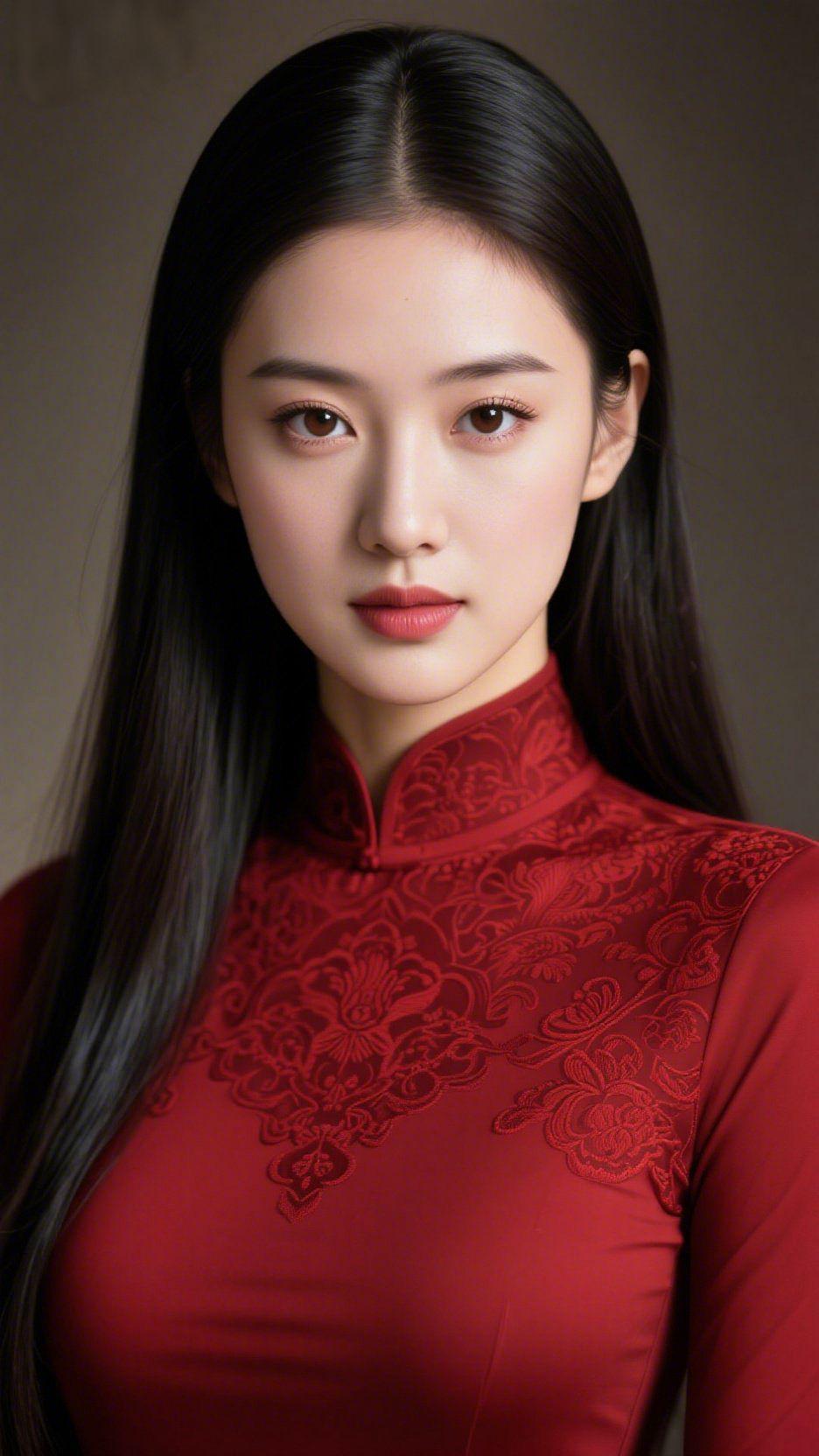 红襟绣纹韵东方浅棕的素色背景似晕开的宣纸，晕出温润的质感，她身着红襟绣纹的