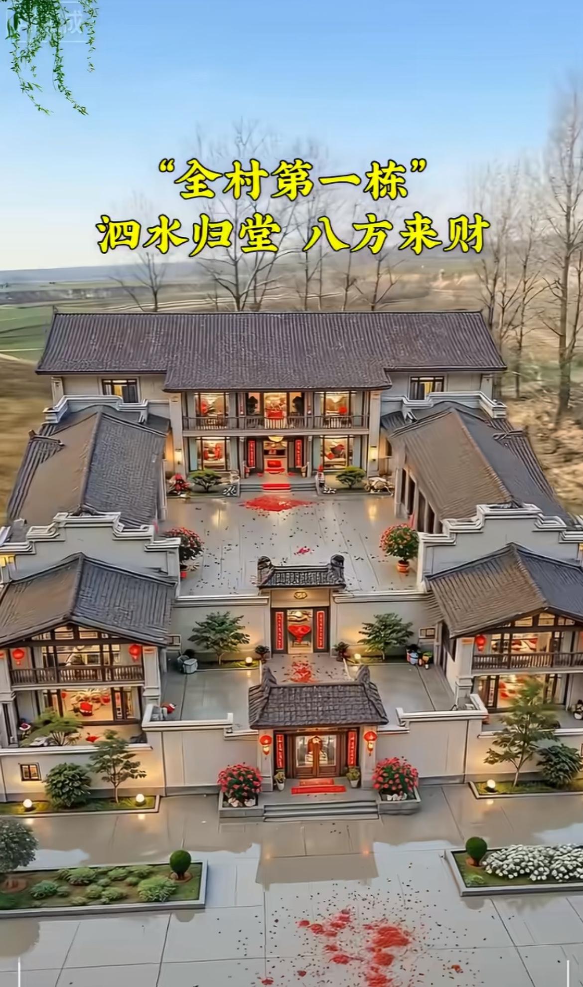 参加了一场超有排面的新中式别墅揭幕仪式，门口横幅写着“全村第一栋，八方来财”，太