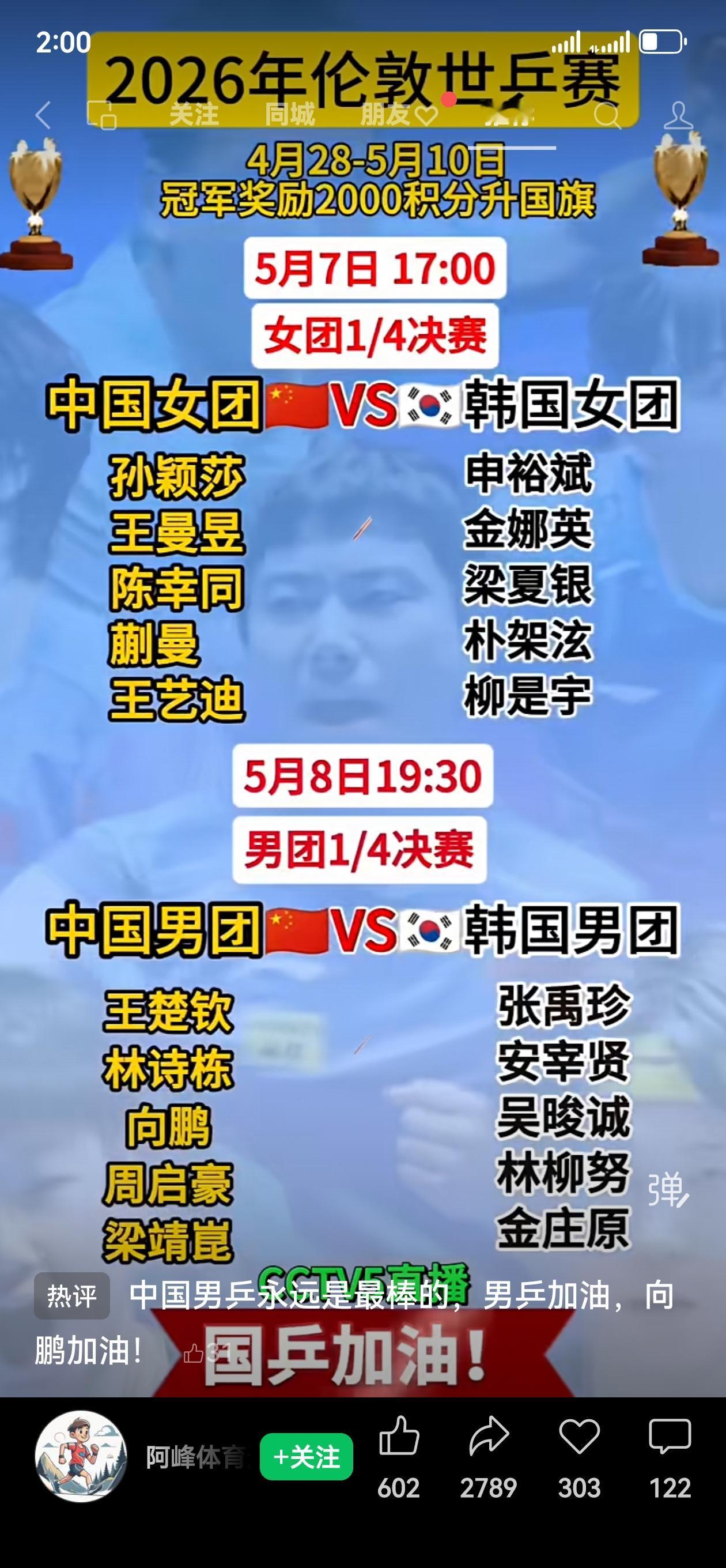 下午国乒男女抗韩的两场1/4决赛，我有点看不懂了，当然，国乒女团不管如何排兵布阵