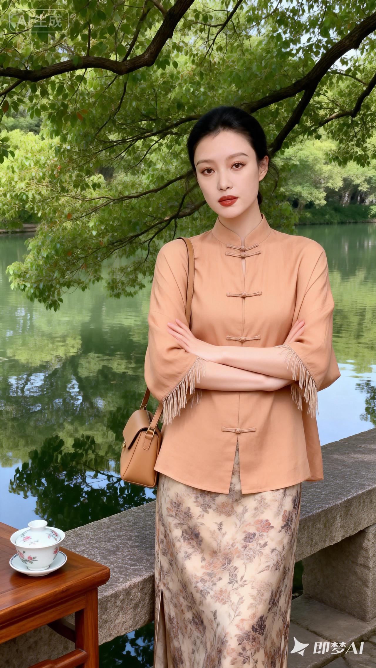 这姑娘穿着真优雅，风景美如画。