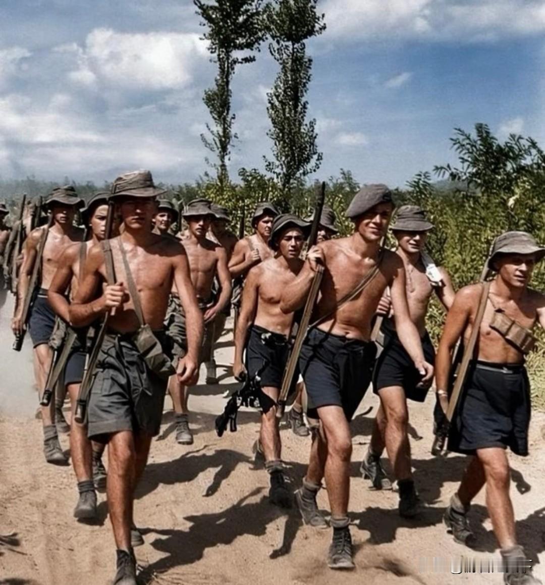 这是1950年代的白人士兵，可以看出他们比今天的白人士兵瘦的多。看上去体格也不