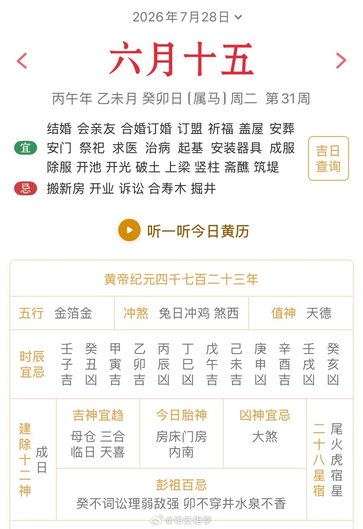 十二生肖每日简运仅供参考2026.7.28丙午年乙未月癸卯日癸卯天克地冲丁酉：
