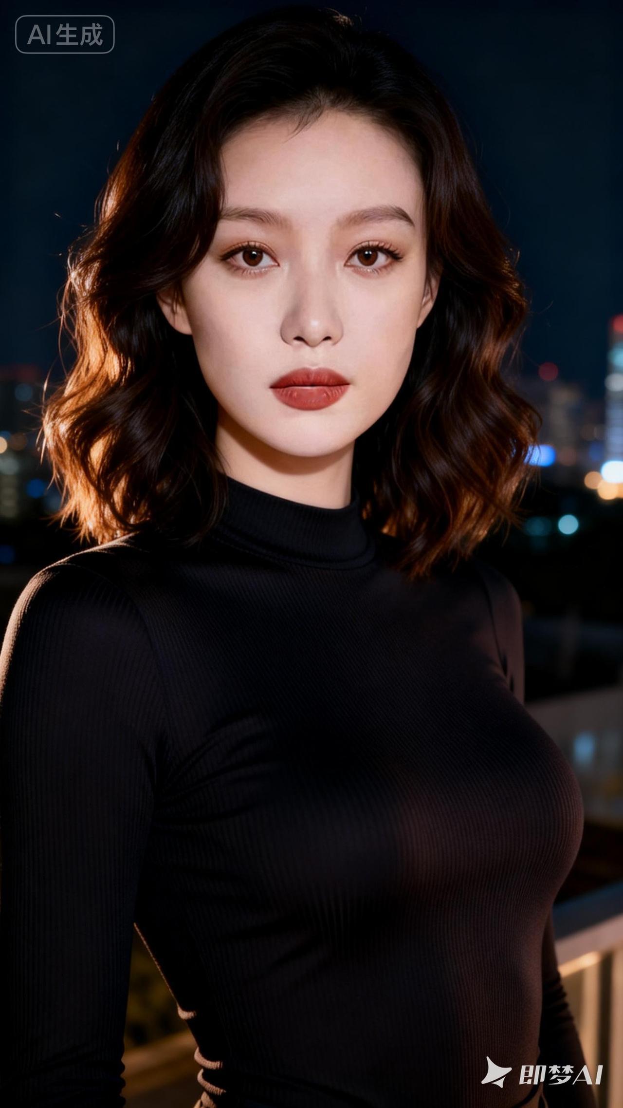 夜晚的都市女郎，红唇与黑衣的完美搭配，尽显优雅与神秘。