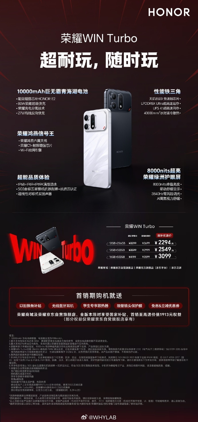 荣耀WINTurbo发布，12+256GB售价2699元，12+51