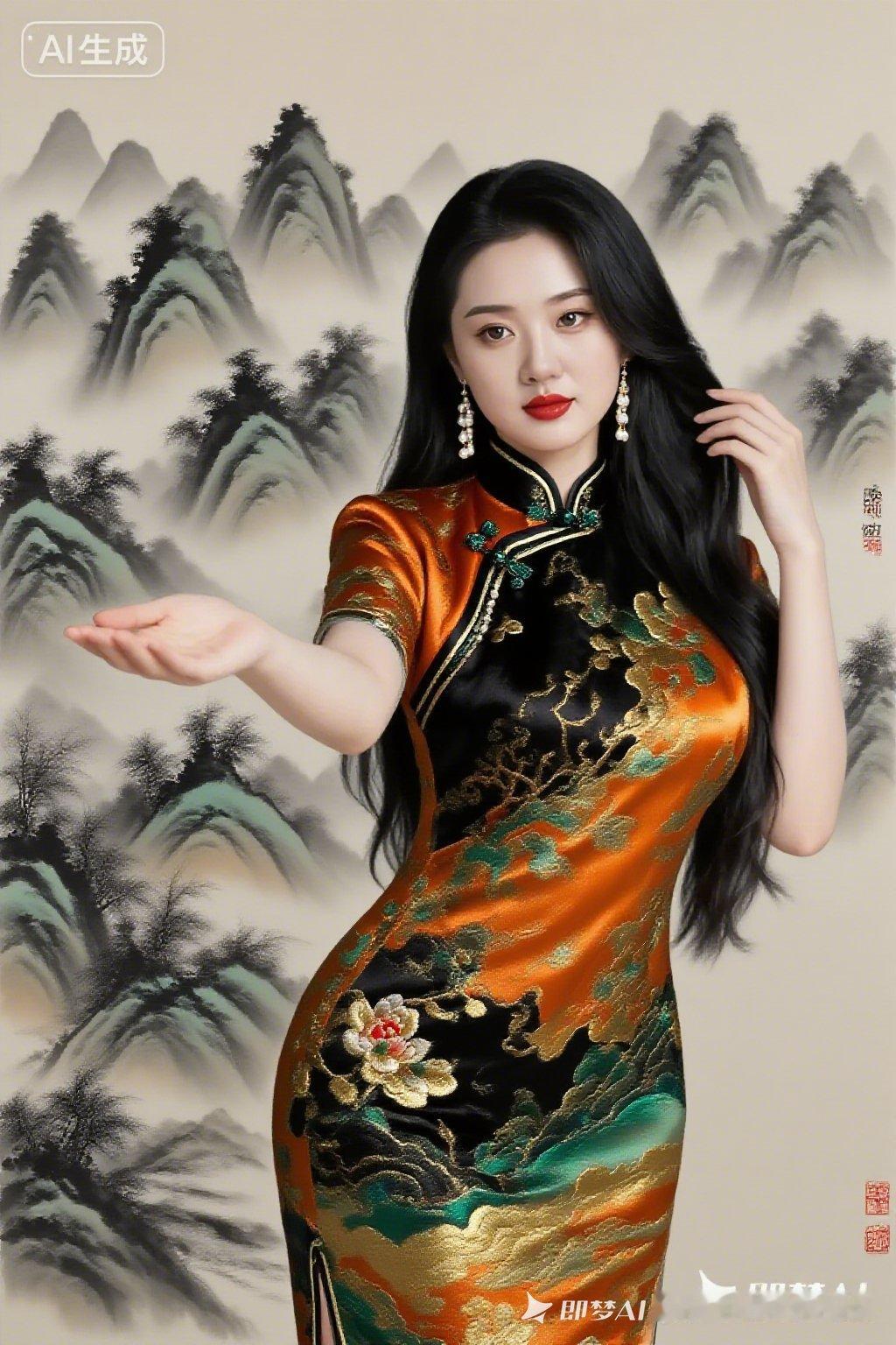 古典美人与山水画背景的完美融合，尽显东方韵味。