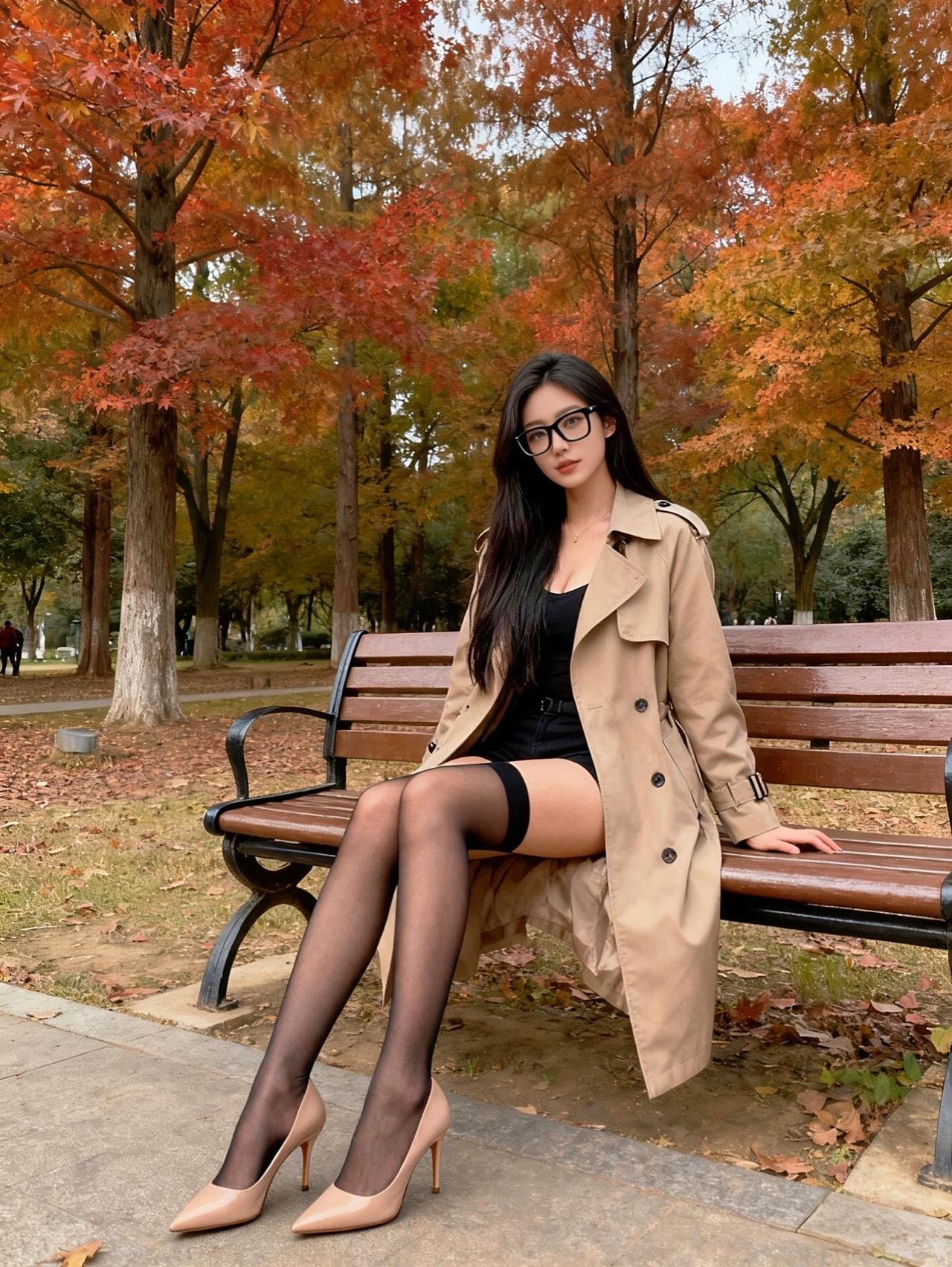 什么样的身材会美到犯规?秋日公园长椅上，时尚女孩享受宁静时光。