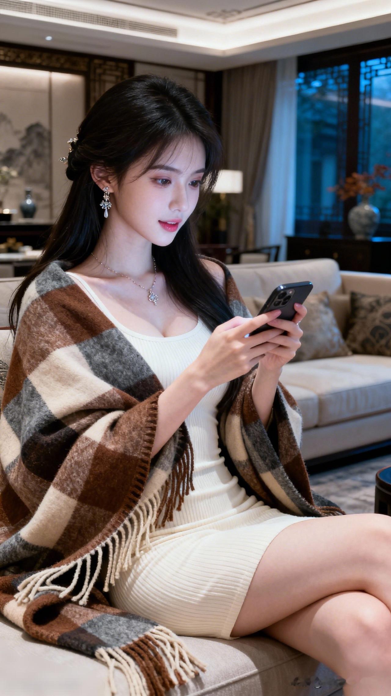 优雅少女在现代客厅中，专注地看着手机，享受宁静时光。