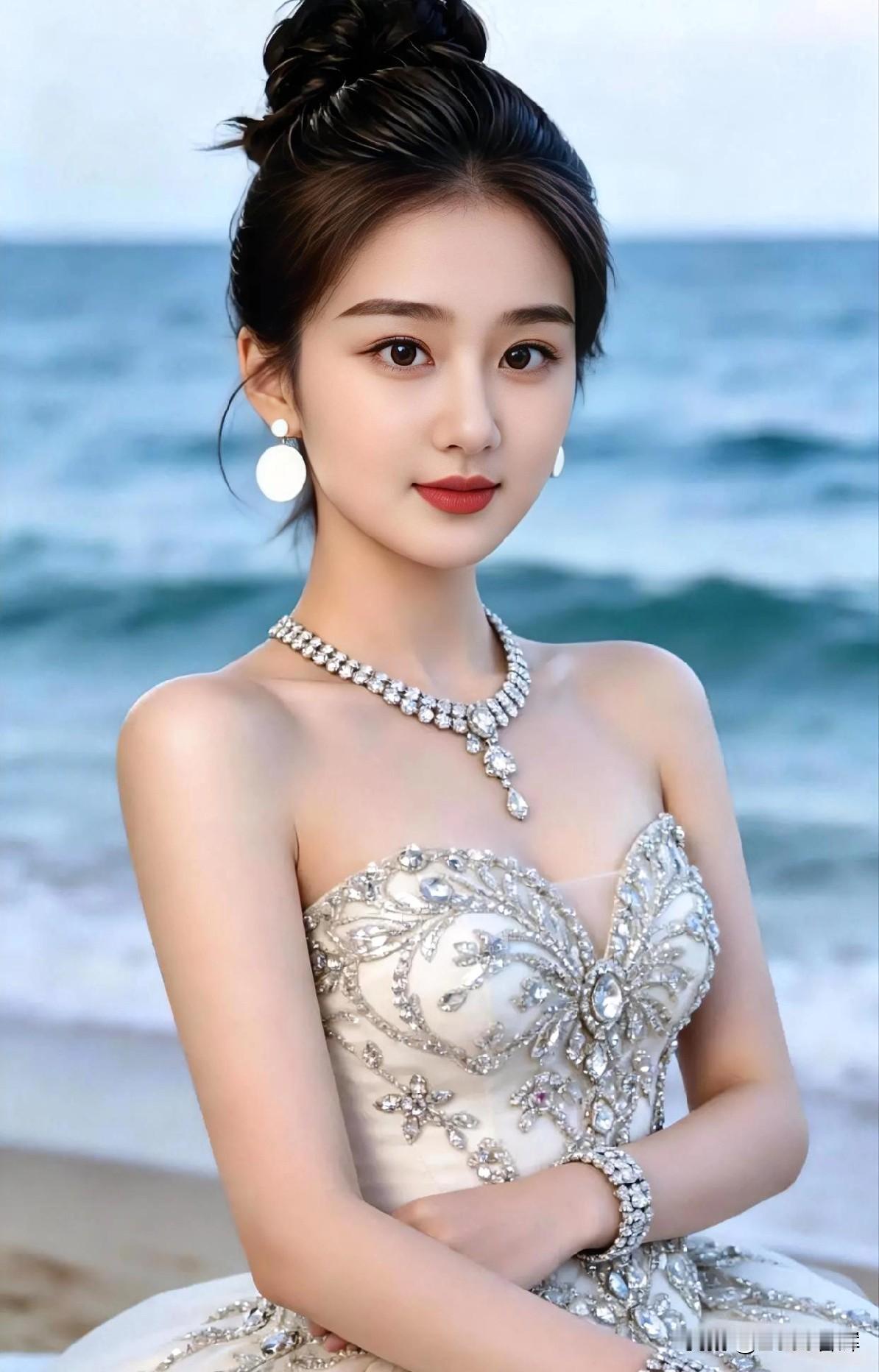 海浪为幕，白裙缀满星芒；珍珠垂落，吻过肩颈的柔光。发髻高挽，盛着暮色的静