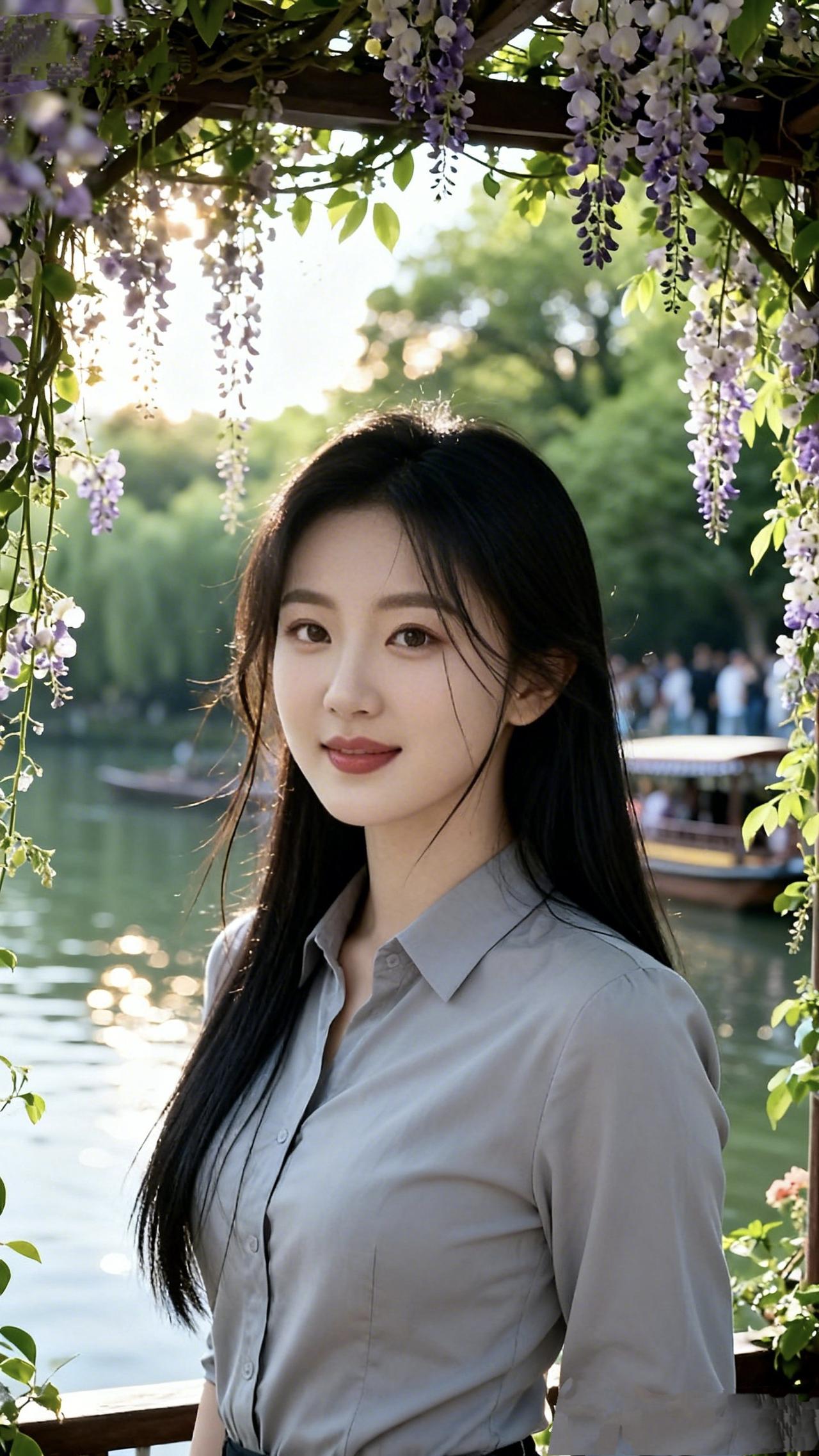 《紫藤下》紫藤垂作紫帘，把春光织成半幅画。你站在花影里，眉眼盛着江南