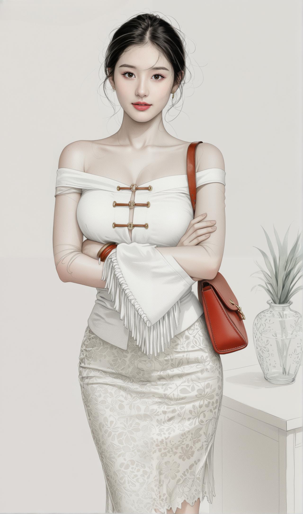 优雅白裙，甜美少女心，复古手提包，清新自然美。